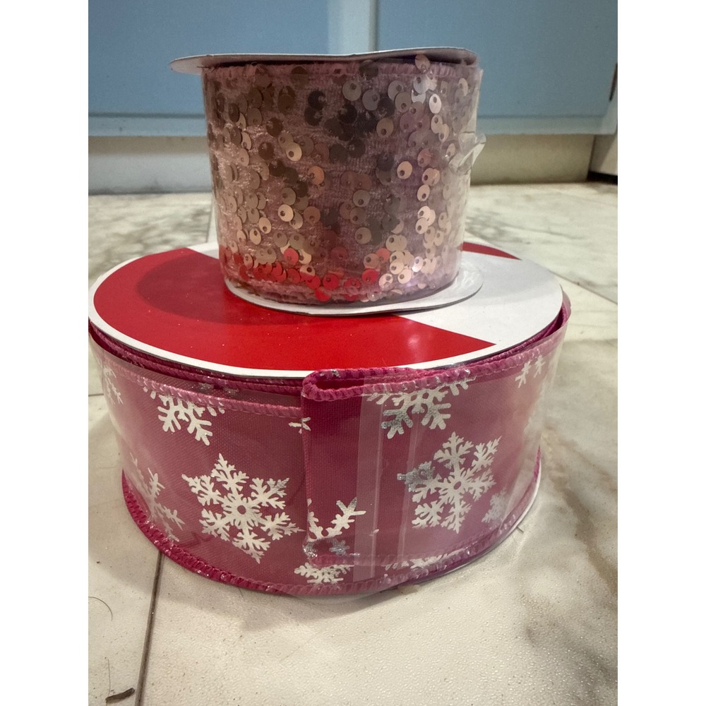 Celebrate It Christmas Wired Ribbon Pink Silver Snowflake Rose Gold Sequin 2pk